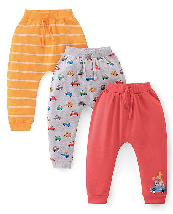 Babyhug Interlock Cotton Knit Full Length Stripes & Cars Print Diaper Pants Pack of 3 - Multicolour