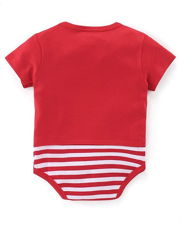 Babyhug 100% Cotton Knit Half Sleeves Onesie with Penguin Print - Red