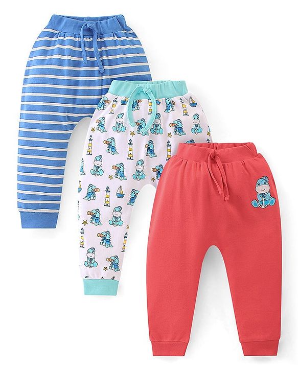 Babyhug Interlock Cotton Knit Full Length Stripes & Dino Print Diaper Pants Pack of 3 - Multicolour