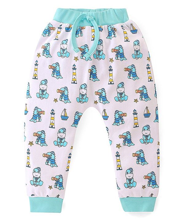 Babyhug Interlock Cotton Knit Full Length Stripes & Dino Print Diaper Pants Pack of 3 - Multicolour