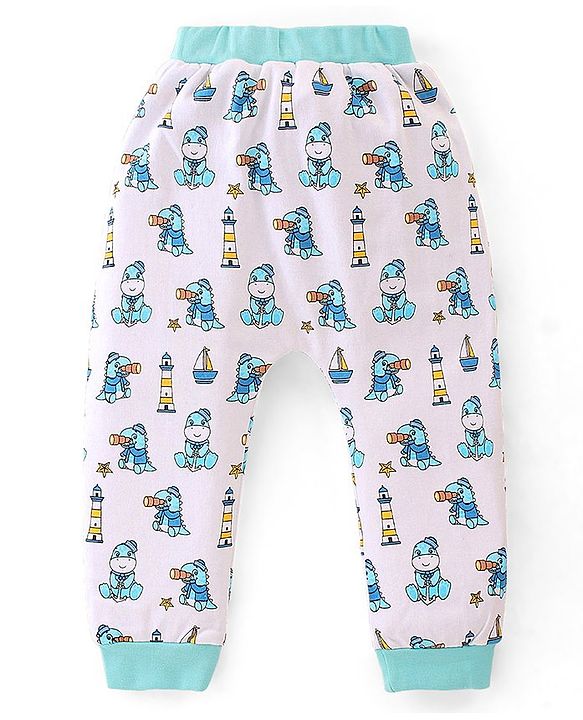 Babyhug Interlock Cotton Knit Full Length Stripes & Dino Print Diaper Pants Pack of 3 - Multicolour