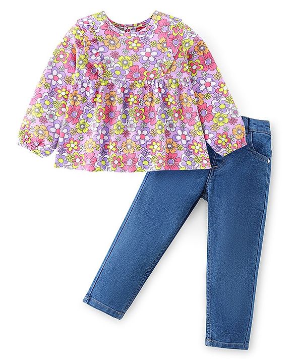 Babyhug 100% Cotton Knit Floral Printed Full Sleeves Top & Full Length Jeans - Purple & Blue