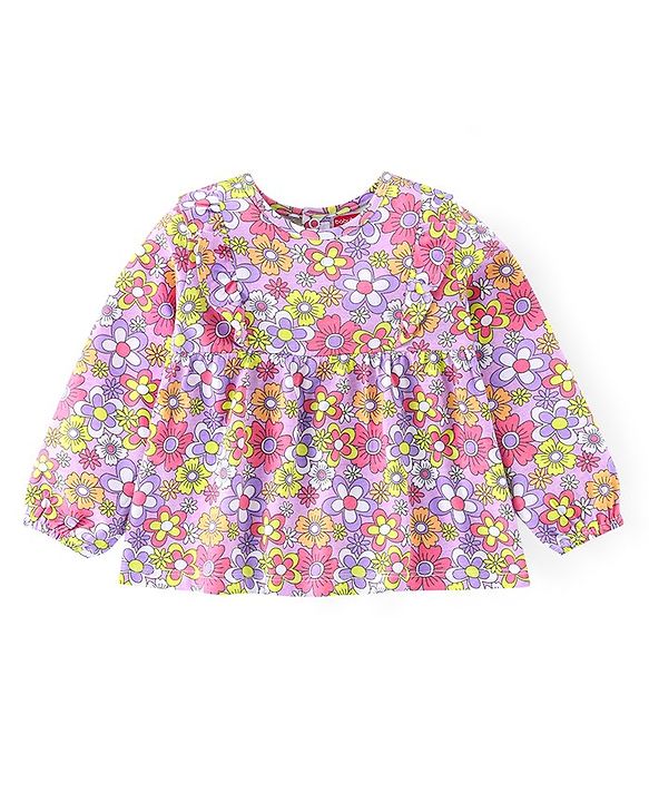 Babyhug 100% Cotton Knit Floral Printed Full Sleeves Top & Full Length Jeans - Purple & Blue