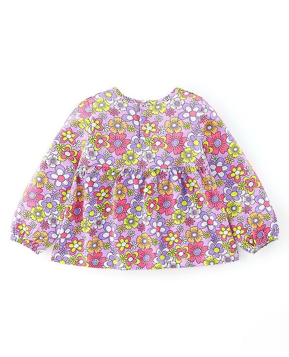 Babyhug 100% Cotton Knit Floral Printed Full Sleeves Top & Full Length Jeans - Purple & Blue