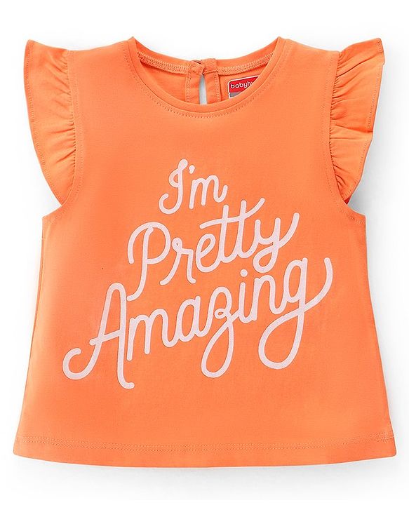 Babyhug 100% Cotton Knit Frill Sleeves Top Text Glitter Print - Orange