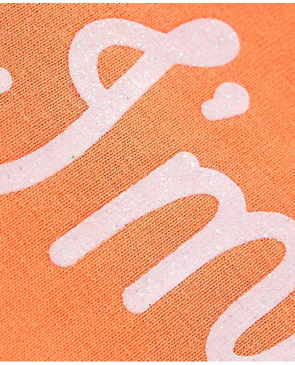 Babyhug 100% Cotton Knit Frill Sleeves Top Text Glitter Print - Orange