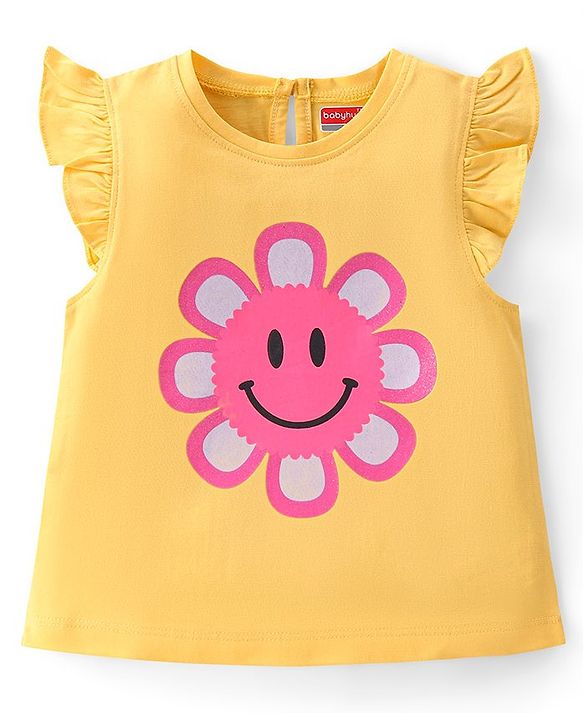 Babyhug Cotton Knit Half Sleeves Top with Frill Detailing & Floral Glitter Print - Yellow