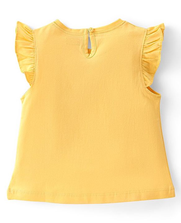 Babyhug Cotton Knit Half Sleeves Top with Frill Detailing & Floral Glitter Print - Yellow