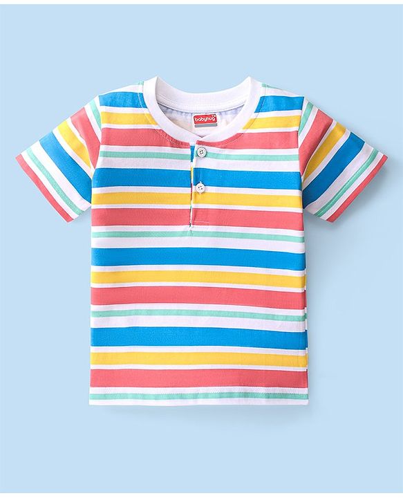 Babyhug 100% Cotton Knit Henley Neck Half Sleeves Striped T-Shirt- Multicolor
