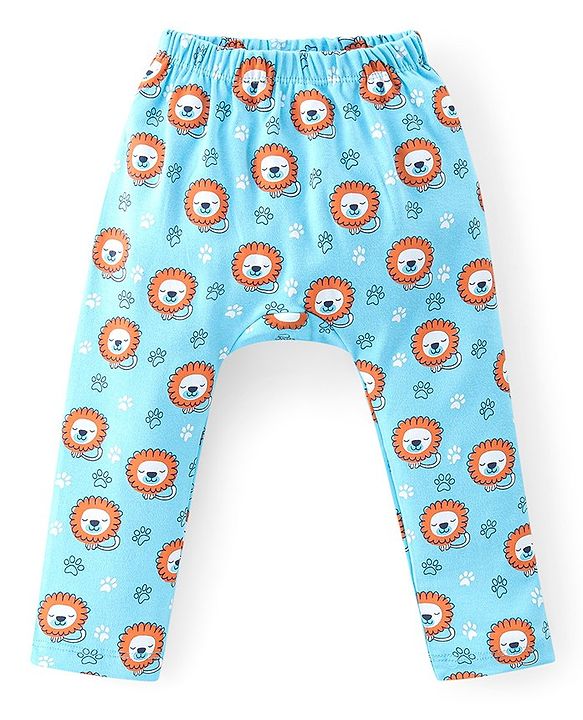 Babyhug Interlock Cotton Knit Full Length Diaper Pants Lion Print Pack of 3 - Multicolor