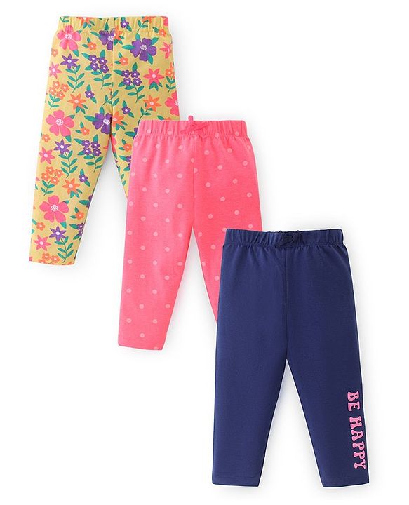 Babyhug Cotton Lycra Full Length Leggings With Text & Floral Print Pack Of 3 - Pink Navy Blue & Green