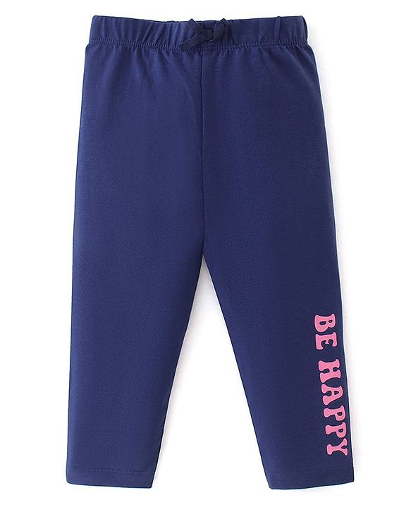 Babyhug Cotton Lycra Full Length Leggings With Text & Floral Print Pack Of 3 - Pink Navy Blue & Green