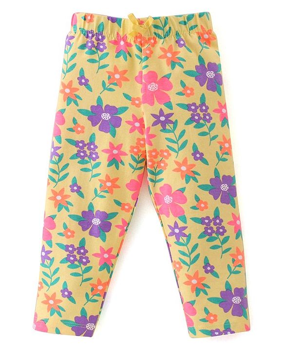 Babyhug Cotton Lycra Full Length Leggings With Text & Floral Print Pack Of 3 - Pink Navy Blue & Green