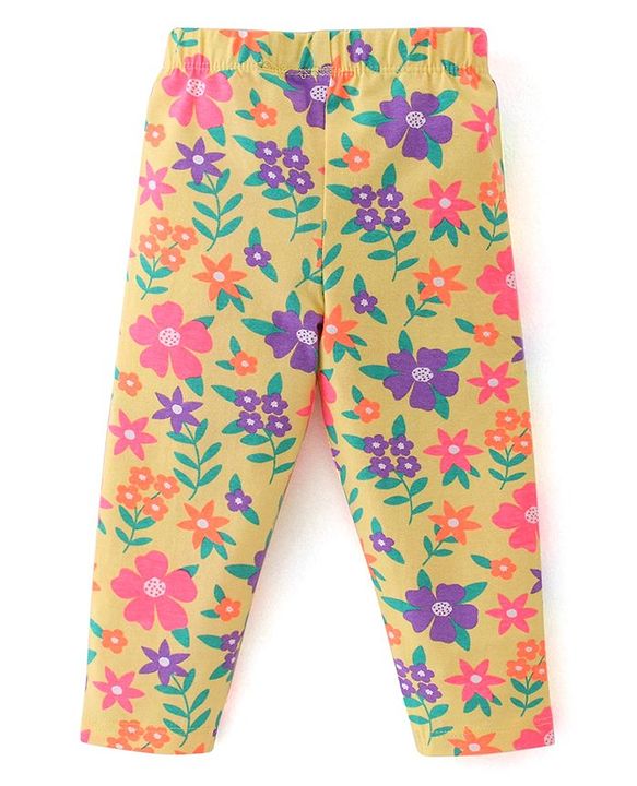Babyhug Cotton Lycra Full Length Leggings With Text & Floral Print Pack Of 3 - Pink Navy Blue & Green
