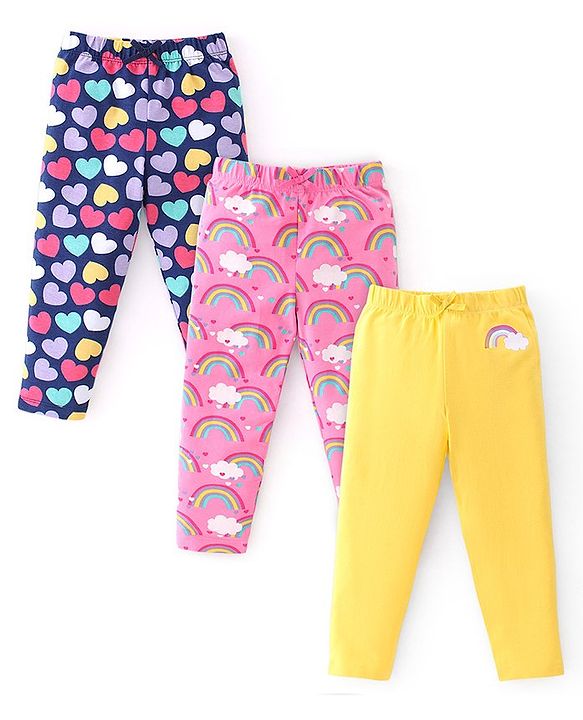Babyhug Cotton Lycra Knit Full Length Leggings With Strech Heart Print Pack of 3 - Multicolor