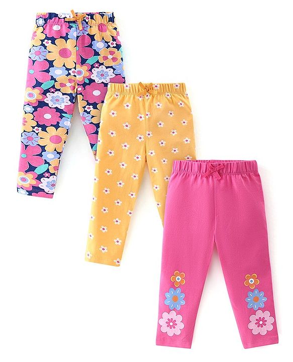 Babyhug Cotton Lycra Full Length Leggings Floral Printed Pack of 3 - Pink & Yellow