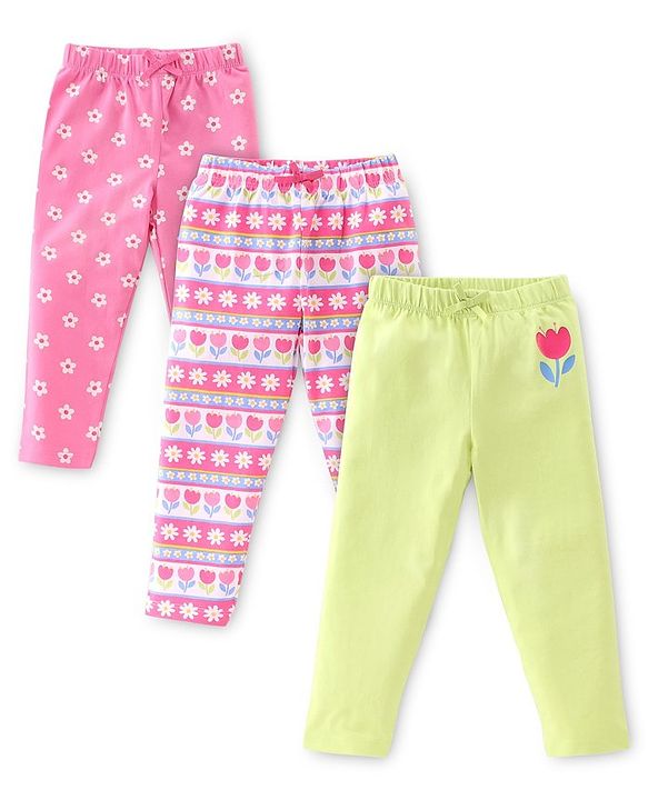 Babyhug Cotton Lycra Knit Stretchable Leggings Floral Print Pack of 3 - Multicolor