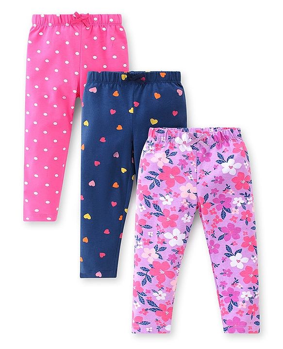 Babyhug Cotton Lycra Knit Full Length Leggings With Strech Floral Print Pack of 3 - Multicolor