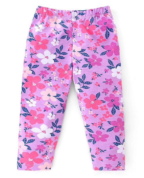 Babyhug Cotton Lycra Knit Full Length Leggings With Strech Floral Print Pack of 3 - Multicolor