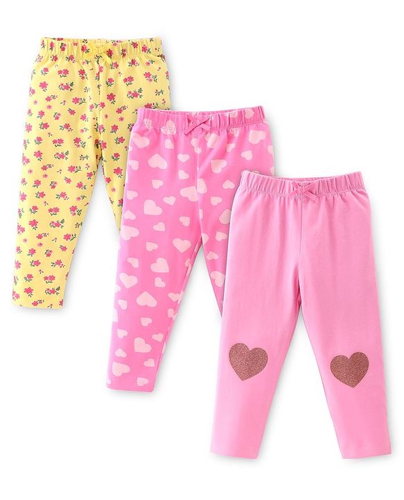 Babyhug Cotton Lycra Knit Stretchable Leggings Floral Print Pack of 3 - Multicolor