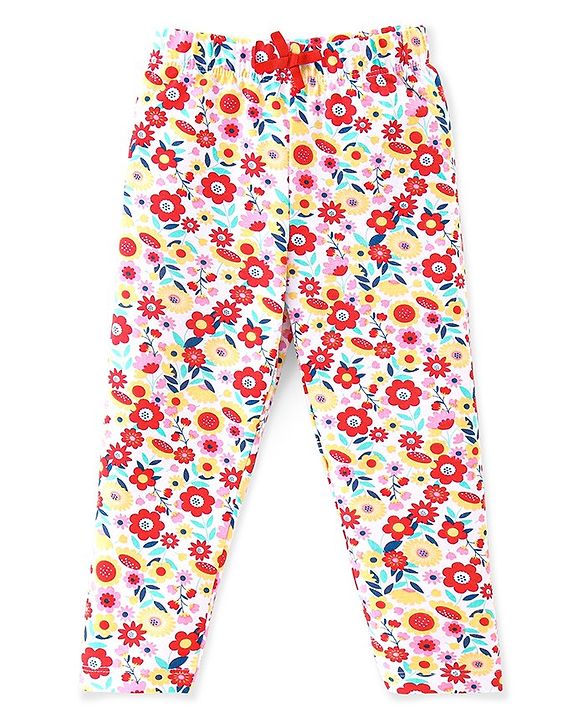 Babyhug Cotton Lycra Full Length Leggings Floral Printed Pack of 3 - Pink & Yellow