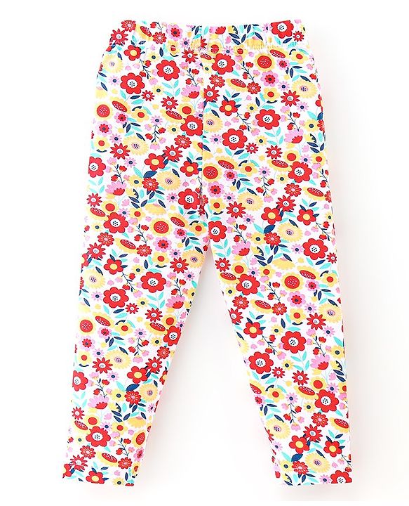 Babyhug Cotton Lycra Full Length Leggings Floral Printed Pack of 3 - Pink & Yellow