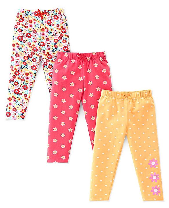 Babyhug Cotton Lycra Full Length Leggings Floral Printed Pack of 3 - Pink & Yellow