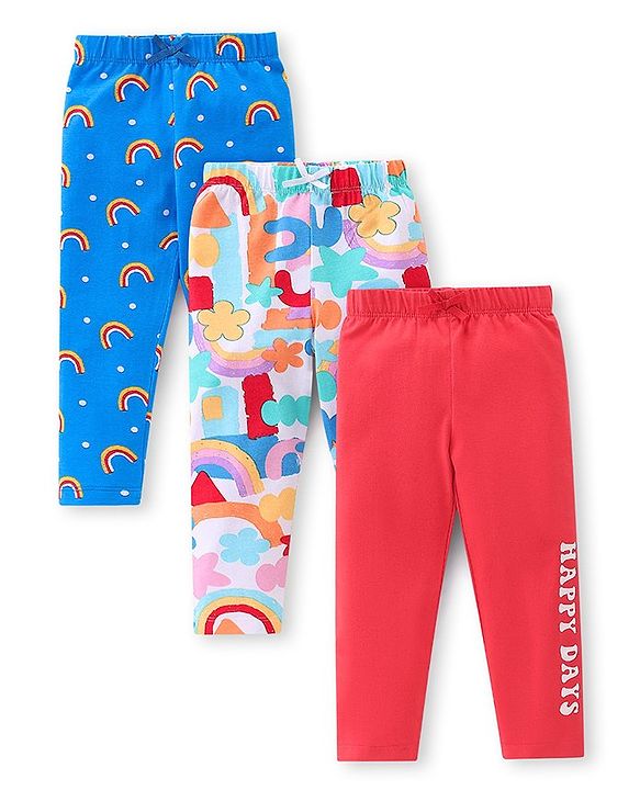 Babyhug Cotton Lycra Knit Full Length Leggings Rainbow Floral & Text  Print Pack of 3 - Blue  & Red