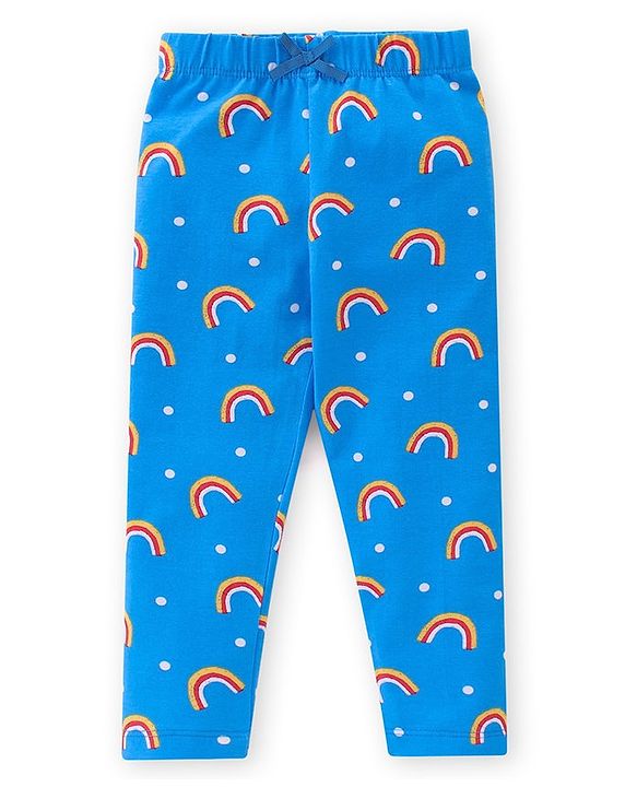 Babyhug Cotton Lycra Knit Full Length Leggings Rainbow Floral & Text  Print Pack of 3 - Blue  & Red