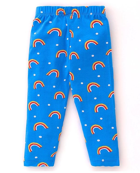 Babyhug Cotton Lycra Knit Full Length Leggings Rainbow Floral & Text  Print Pack of 3 - Blue  & Red