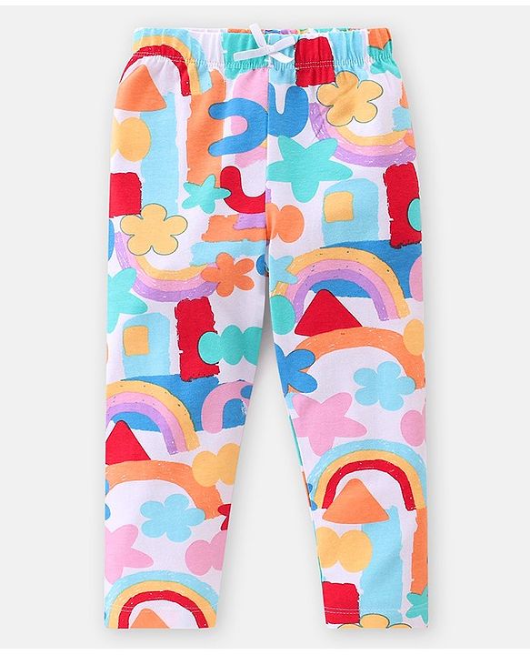 Babyhug Cotton Lycra Knit Full Length Leggings Rainbow Floral & Text  Print Pack of 3 - Blue  & Red