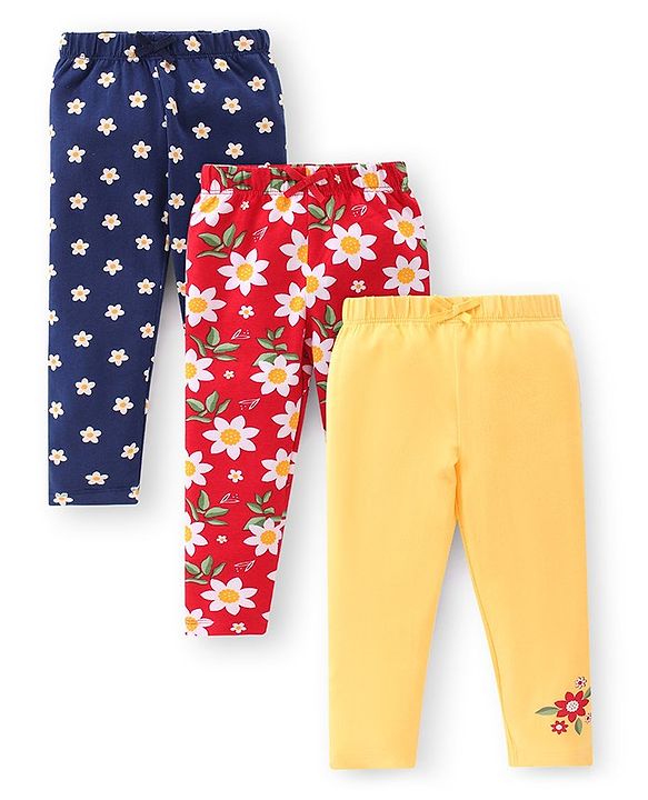 Babyhug Cotton Lycra Knit Full Length Leggings   Floral Print Pack of 3-  Blue Red & Yellow
