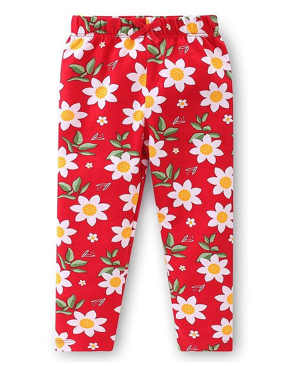 Babyhug Cotton Lycra Knit Full Length Leggings   Floral Print Pack of 3-  Blue Red & Yellow
