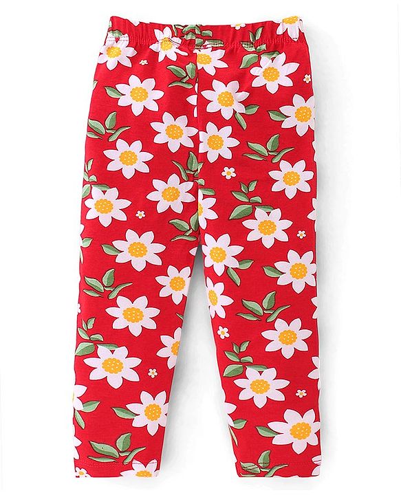 Babyhug Cotton Lycra Knit Full Length Leggings   Floral Print Pack of 3-  Blue Red & Yellow