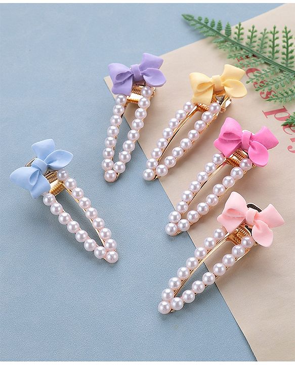 Pine Kids Free Size Pearls & Bow Applique Hair Clips Pack of 5 - Multicolour