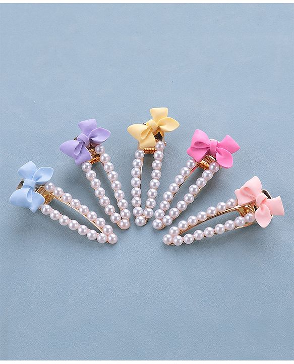 Pine Kids Free Size Pearls & Bow Applique Hair Clips Pack of 5 - Multicolour