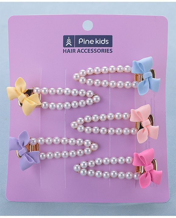 Pine Kids Free Size Pearls & Bow Applique Hair Clips Pack of 5 - Multicolour