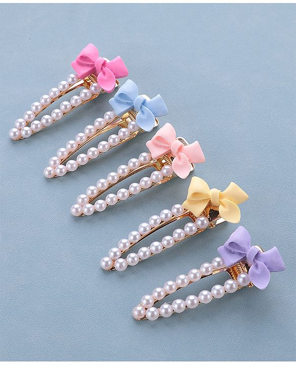 Pine Kids Free Size Pearls & Bow Applique Hair Clips Pack of 5 - Multicolour
