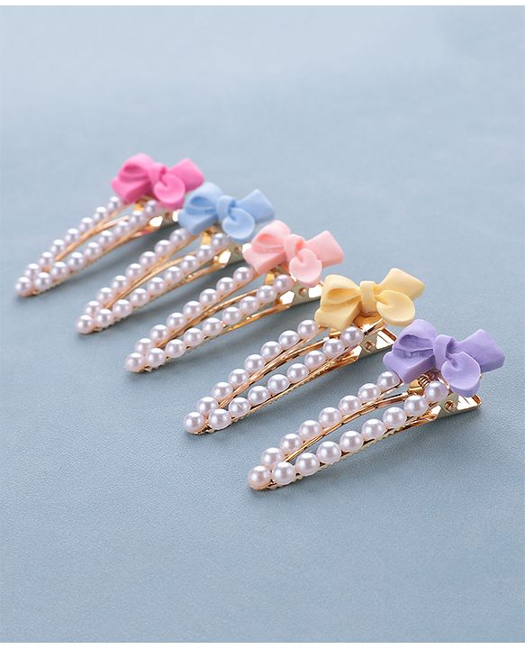 Pine Kids Free Size Pearls & Bow Applique Hair Clips Pack of 5 - Multicolour