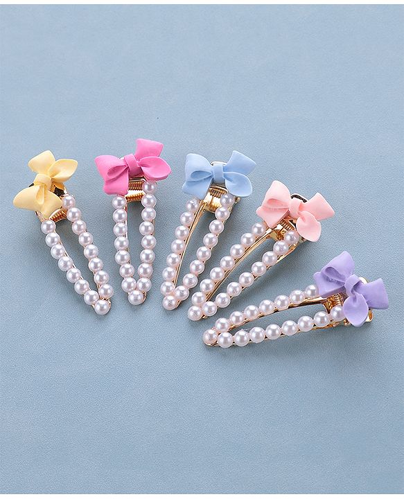 Pine Kids Free Size Pearls & Bow Applique Hair Clips Pack of 5 - Multicolour