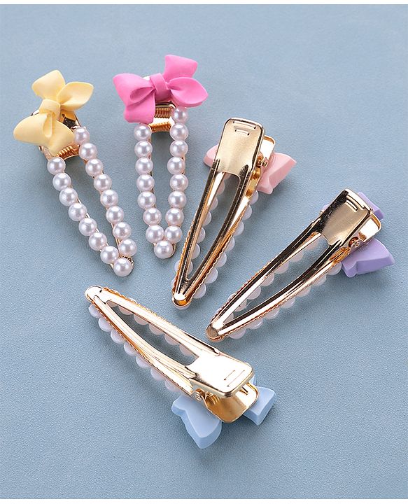 Pine Kids Free Size Pearls & Bow Applique Hair Clips Pack of 5 - Multicolour
