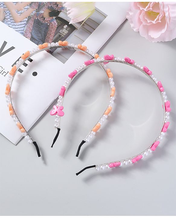 Babyhug Free Size Hair Bands with Butterfly Applique Pack of 2 - Dark Pink & Light Orange