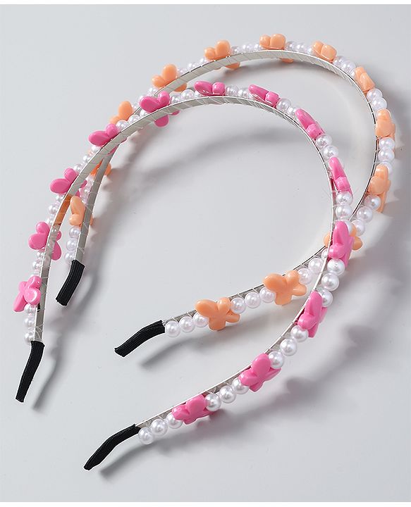 Babyhug Free Size Hair Bands with Butterfly Applique Pack of 2 - Dark Pink & Light Orange