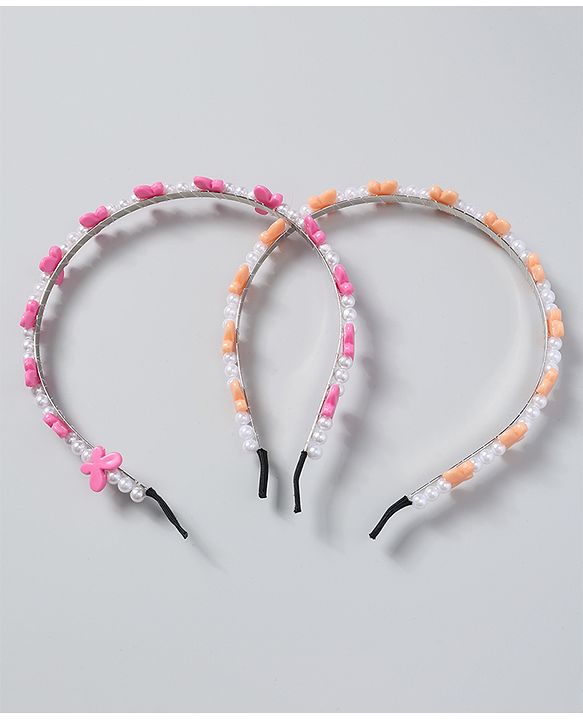 Babyhug Free Size Hair Bands with Butterfly Applique Pack of 2 - Dark Pink & Light Orange