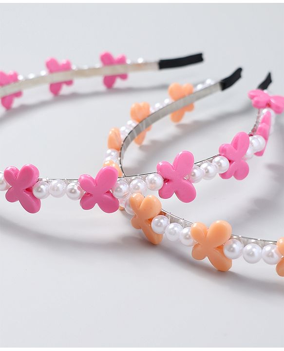 Babyhug Free Size Hair Bands with Butterfly Applique Pack of 2 - Dark Pink & Light Orange