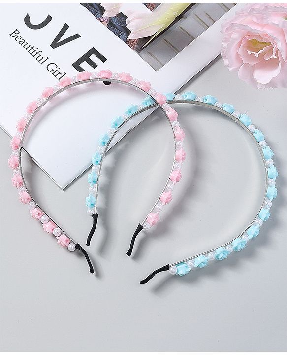 Babyhug Free Size Hair Bands with Flower Applique Pack of 2 - Light Pink & Blue