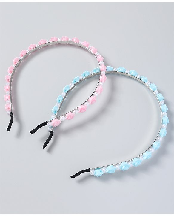 Babyhug Free Size Hair Bands with Flower Applique Pack of 2 - Light Pink & Blue