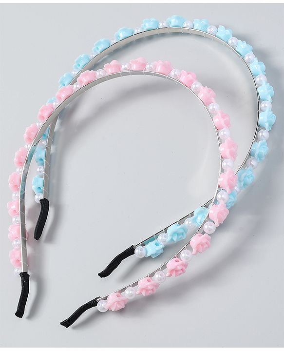 Babyhug Free Size Hair Bands with Flower Applique Pack of 2 - Light Pink & Blue