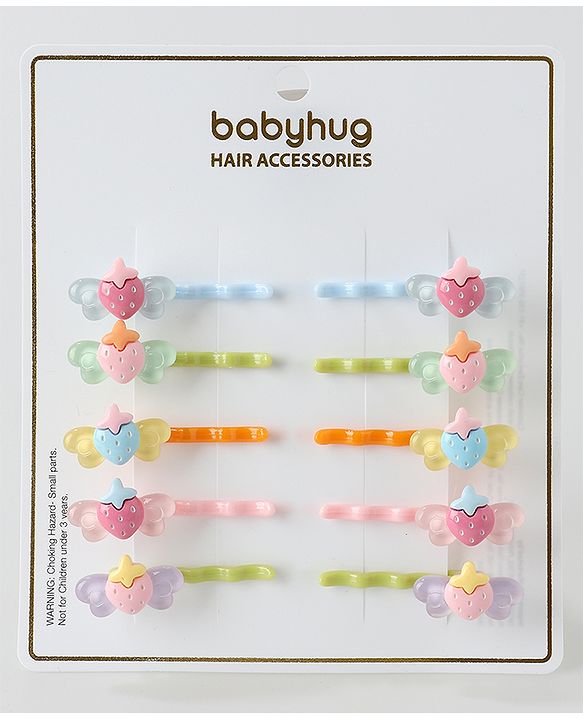 Babyhug Hair Pins And Clips Strawberry Applique Pack of 10 - Multicolour