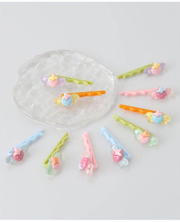 Babyhug Hair Pins And Clips Strawberry Applique Pack of 10 - Multicolour
